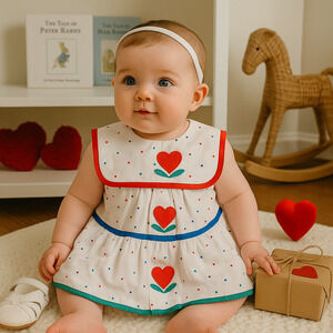 Vintage 1980s Lisa Jackson Baby Girls Dress – Polka Dots & Heart | Size 3-6M